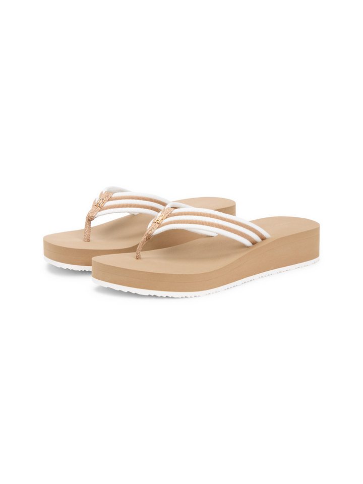 Tommy Hilfiger TH STRIPE SUMMER SANDAL Zehentrenner Sommerschuh, Dianette, Plateauschuh mit gestreifter Bandage (braun/weiß)