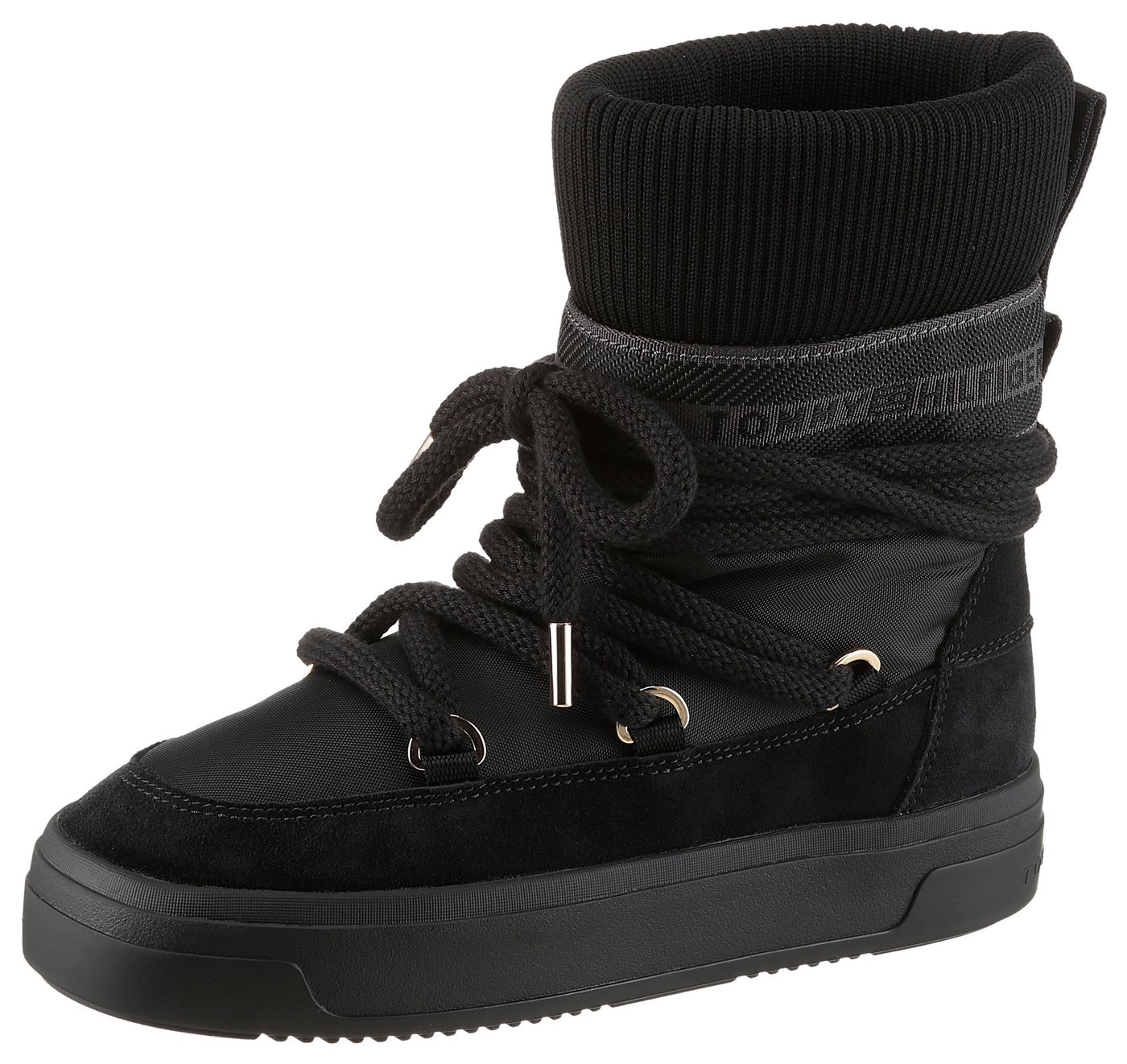 Tommy Hilfiger TOMMYTECH LOGOTAPE SNOWBOOT WARM Schnürboots, Plateau, Schnürboots, Outdoorschuh, Textilband mit Logoschriftzug (schwarz)