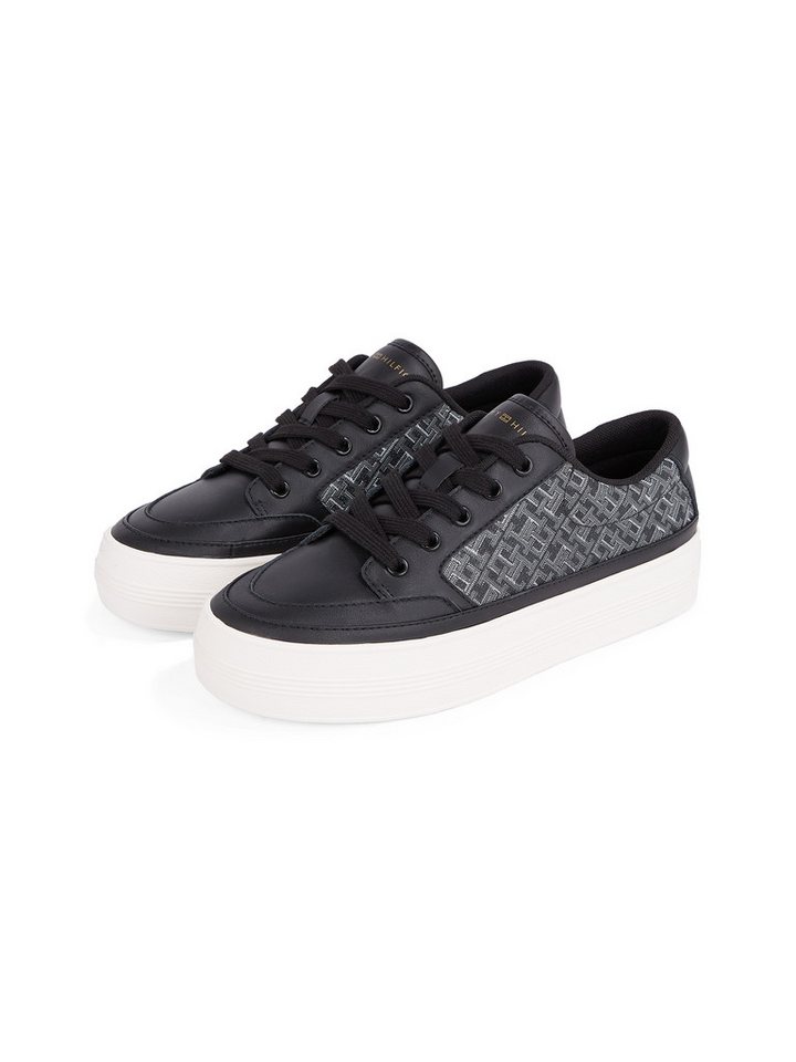 Tommy Hilfiger VULC LEATHER SNEAKER MONOGRAM Plateausneaker, Freizeitschuh, Halbschuh, Schnürschuh mit Allover-Logoprint (schwarz)