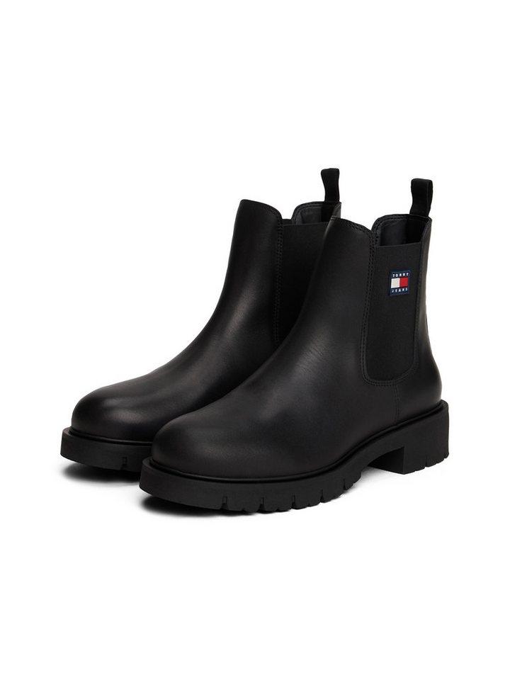 Tommy Jeans TJW CHELSEA LEATHER BOOT Chelseaboots, Blockabsatz, Schlupfboots, Stiefelette mit typischer Logoflagge