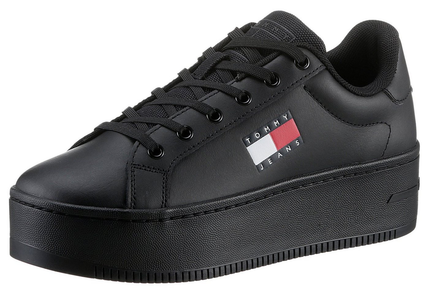 Tommy Jeans TJW FLATFORM ESS Plateausneaker, Freizeitschuh, Halbschuh, Schnürschuh mit gepolstertem Schaftrand (schwarz)
