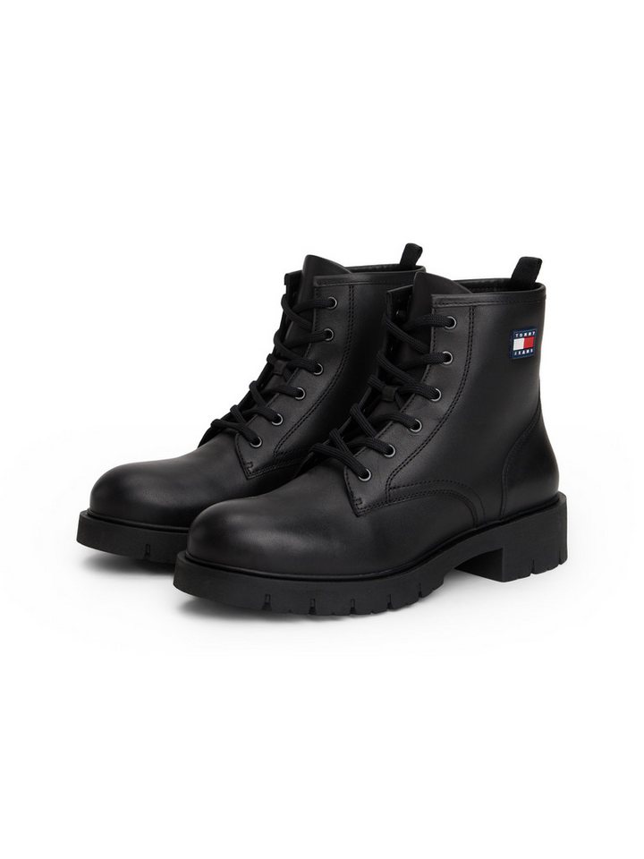 Tommy Jeans TJW LACE UP LEATHER BOOT Schnürboots, Blockabsatz, Schnürstiefelette mit Logoflag an der Seite