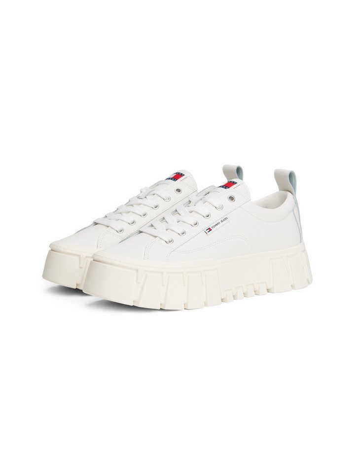 Tommy Jeans TJW VULC FLATFORM LEATHER Plateausneaker, Freizeitschuh, Halbschuh, Schnürschuh mit dezenten Ziernähten (weiß)