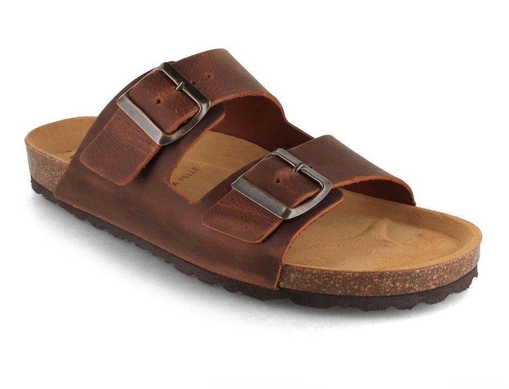 Tuffeln Leder-Sandalen 'Föhr' mit Korkfußbett Zweischnaller Pantolette Hausschuh mit gepolstertem Tieffussbett