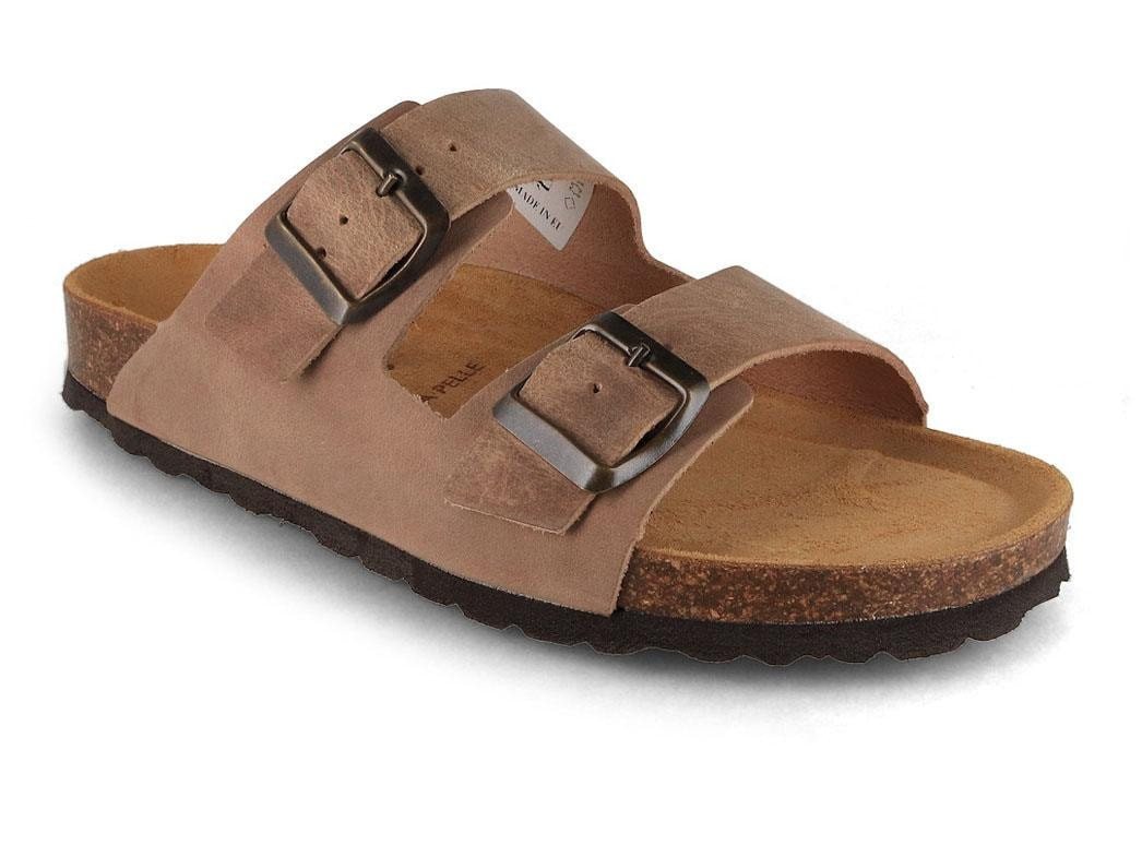 Tuffeln Leder-Sandalen 'Föhr' mit Korkfußbett Zweischnaller Pantolette Hausschuh mit weichem Tieffussbett (beige)