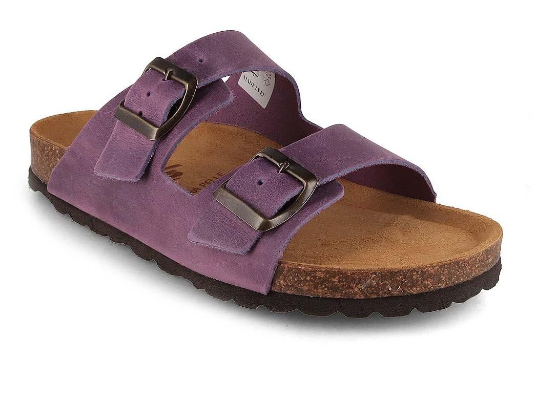 Tuffeln Leder-Sandalen 'Föhr' mit Korkfußbett Zweischnaller Pantolette Hausschuh mit weichem Tieffussbett (glicine)
