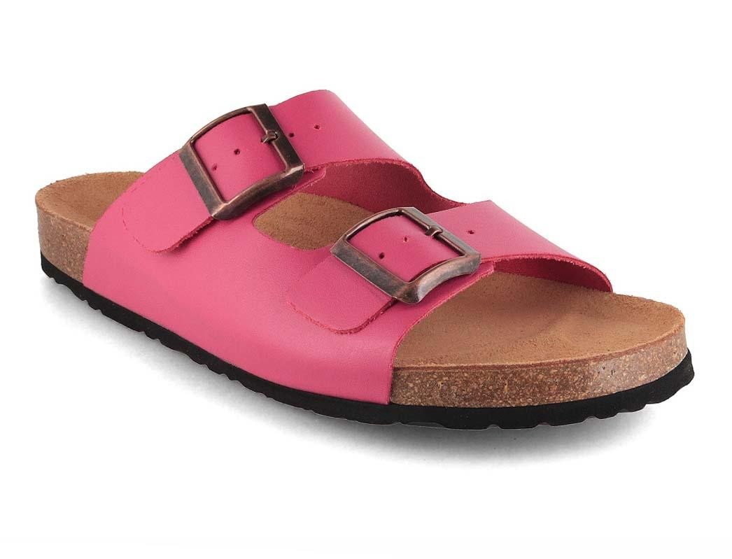 Tuffeln Leder-Sandalen 'Norderney' mit Korkfußbett Zweischnaller Pantolette Hausschuh mit gepolstertem Tieffussbett (rosa)