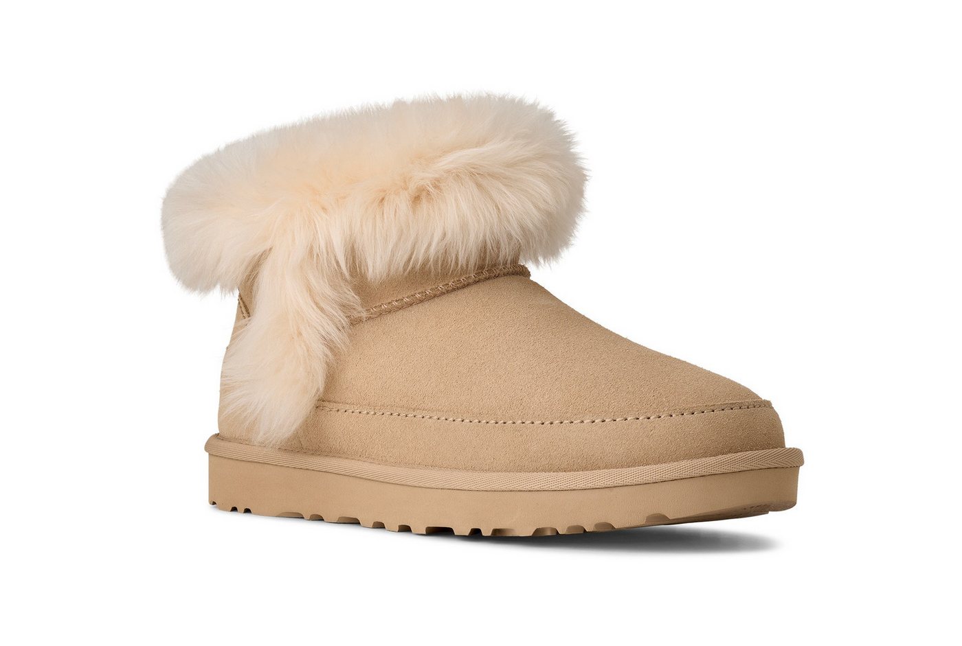 Ugg Classic Ultra Mini Chalet Winterboots Ankleboots, Schlupfboots mit modischer Schaffell Verzierung (beige)