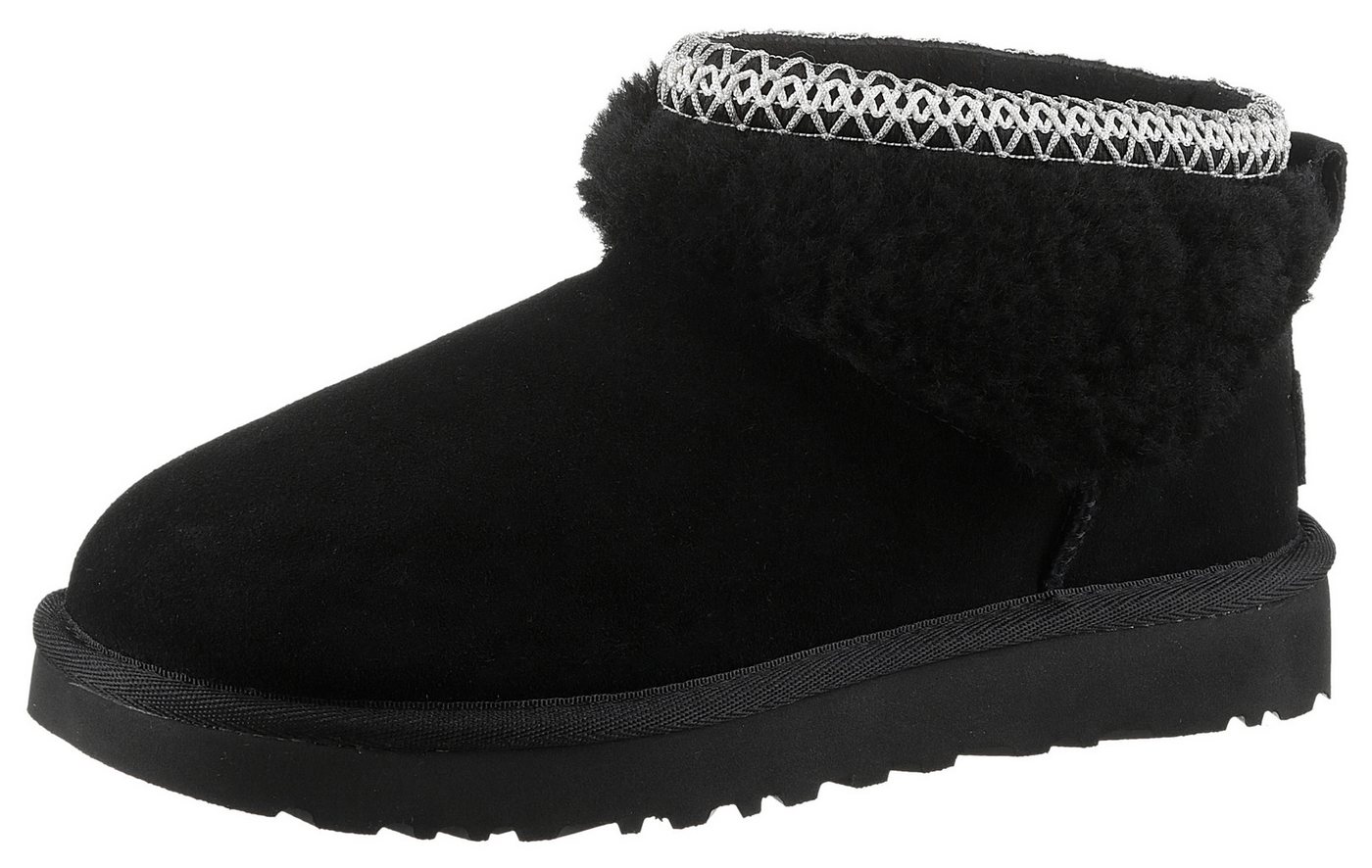 Ugg CLASSIC ULTRA MINI MAXI CURLY Schlupfboots, Winterstiefel, Snowboots mit Ethno-Textilband am Schaftrand (schwarz)