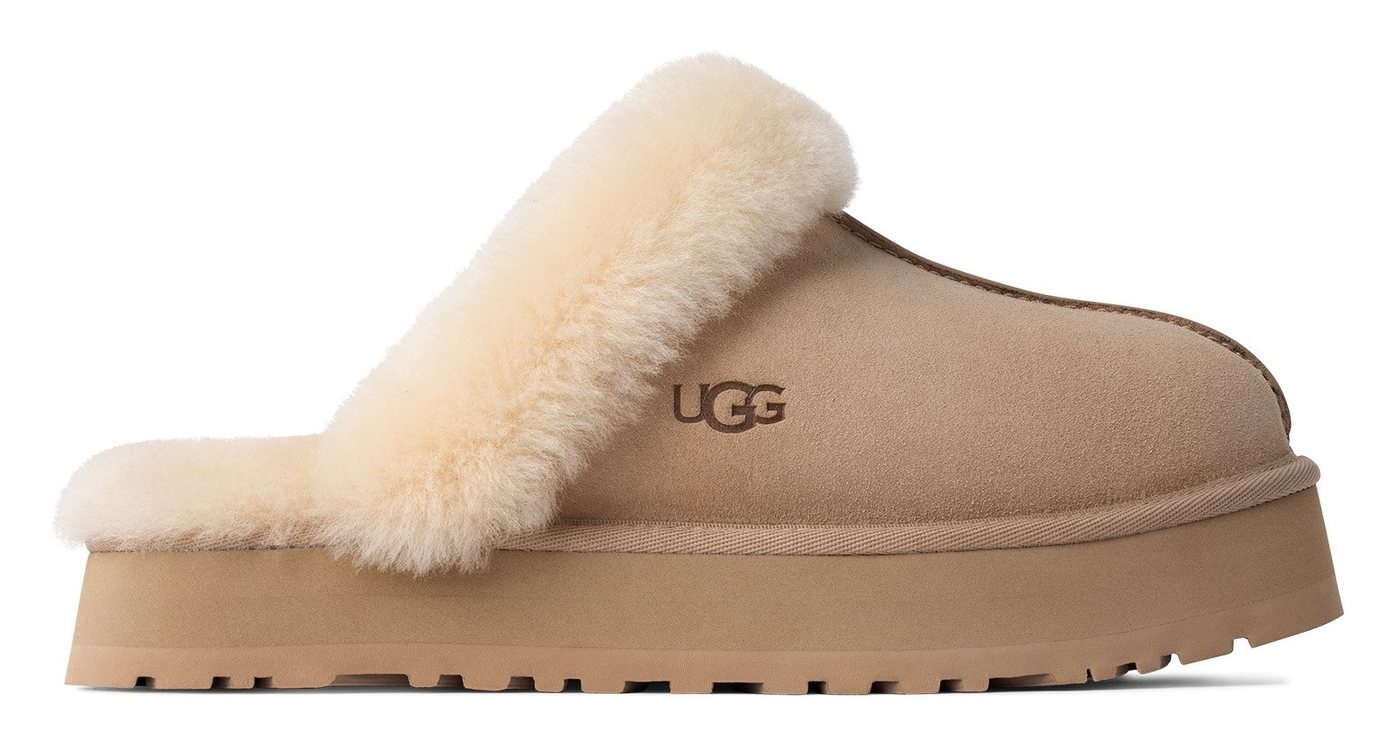 Ugg DISQUETTE Pantoffel Homeslippers, Hausschuh, Clog mit angesagtem Plateau (beige)