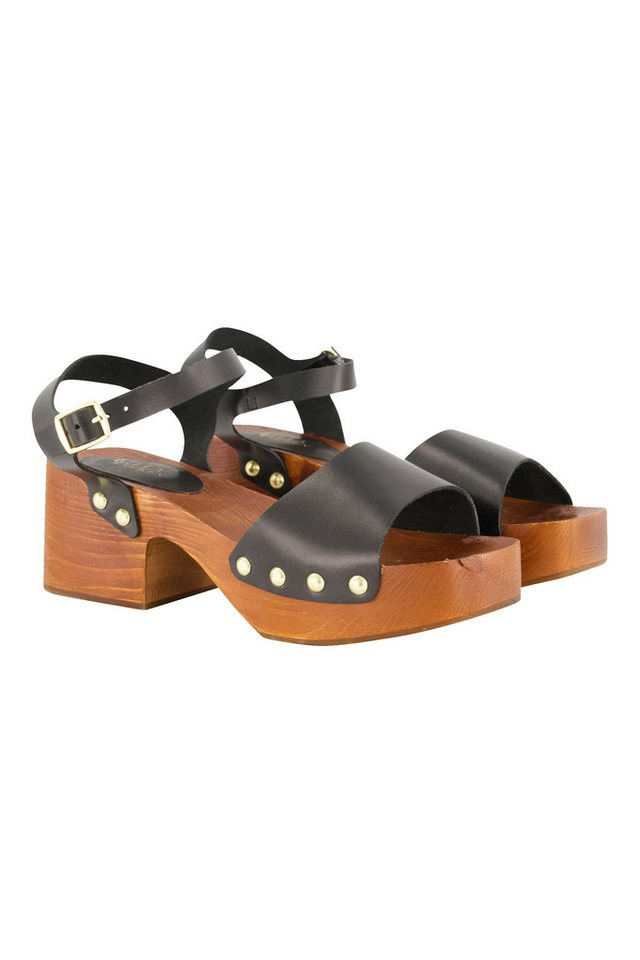 Ulla Popken Leder-Clog-Sandaletten Nieten Holzsohle Sandalette