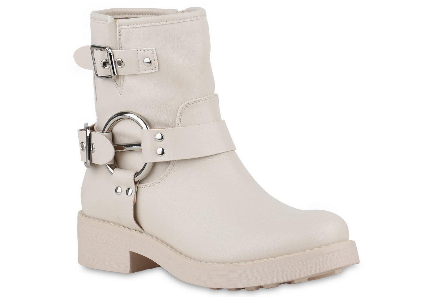 VAN HILL 21405236 KY CC2325 Damen Stiefeletten Beige 36 Bikerboots Damen Leicht Gefütterte Biker Boots Schnallen Nieten