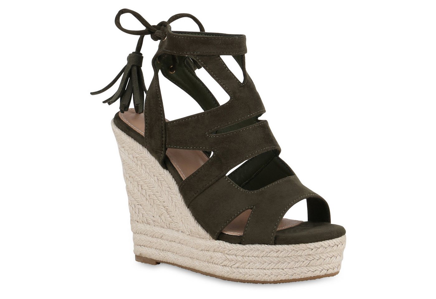 VAN HILL 21617839 TH LL136[TH] Damen Sandaletten Olive 39 (Stückliste) Keilsandalette Damen Keilsandaletten Sandaletten Bast Quasten Cut-Outs