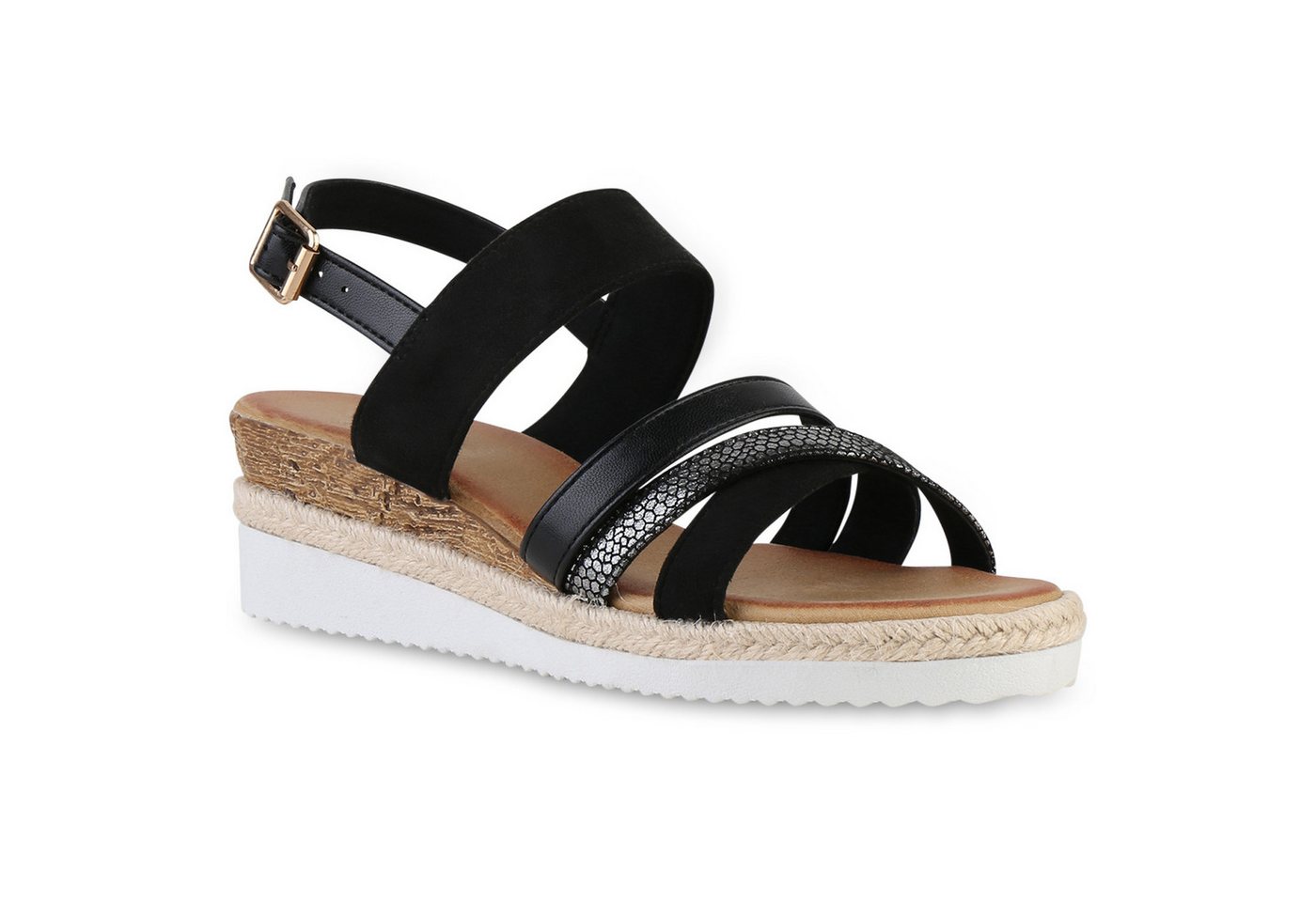 VAN HILL 21674639 KY S239 Damen Sandaletten Black 39 Keilsandalette Damen Keilsandaletten Sandalette Metallic Bast Profil-Sohle