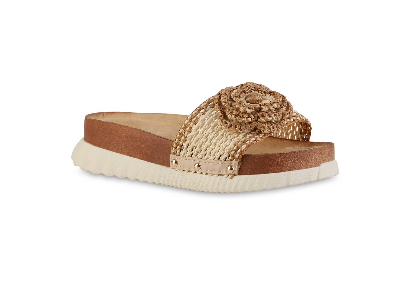 VAN HILL 21748239 EM W68 Damen Sandaletten Camel 39 Sandalette Damen Pantoletten Sandaletten Blumen Profil-Sohle Bast