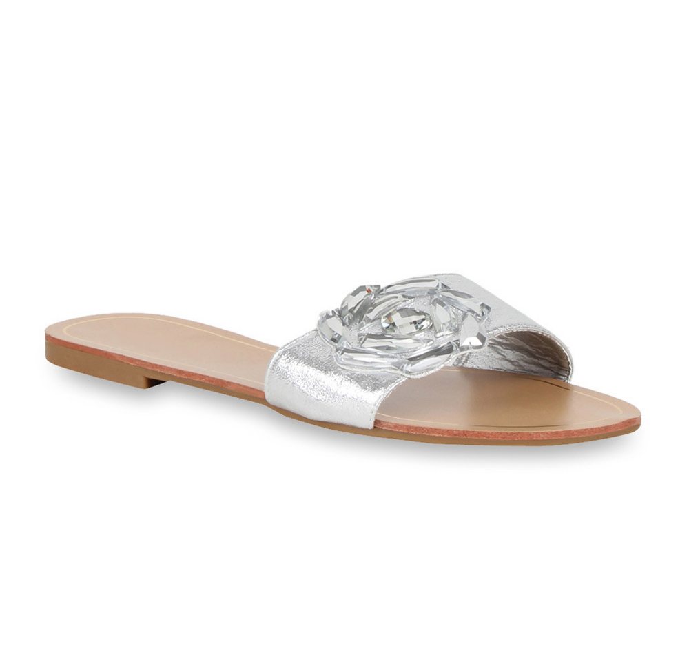 VAN HILL 72088 Pantolette Damen Sandalen Metallic Schlappen Beach Flats