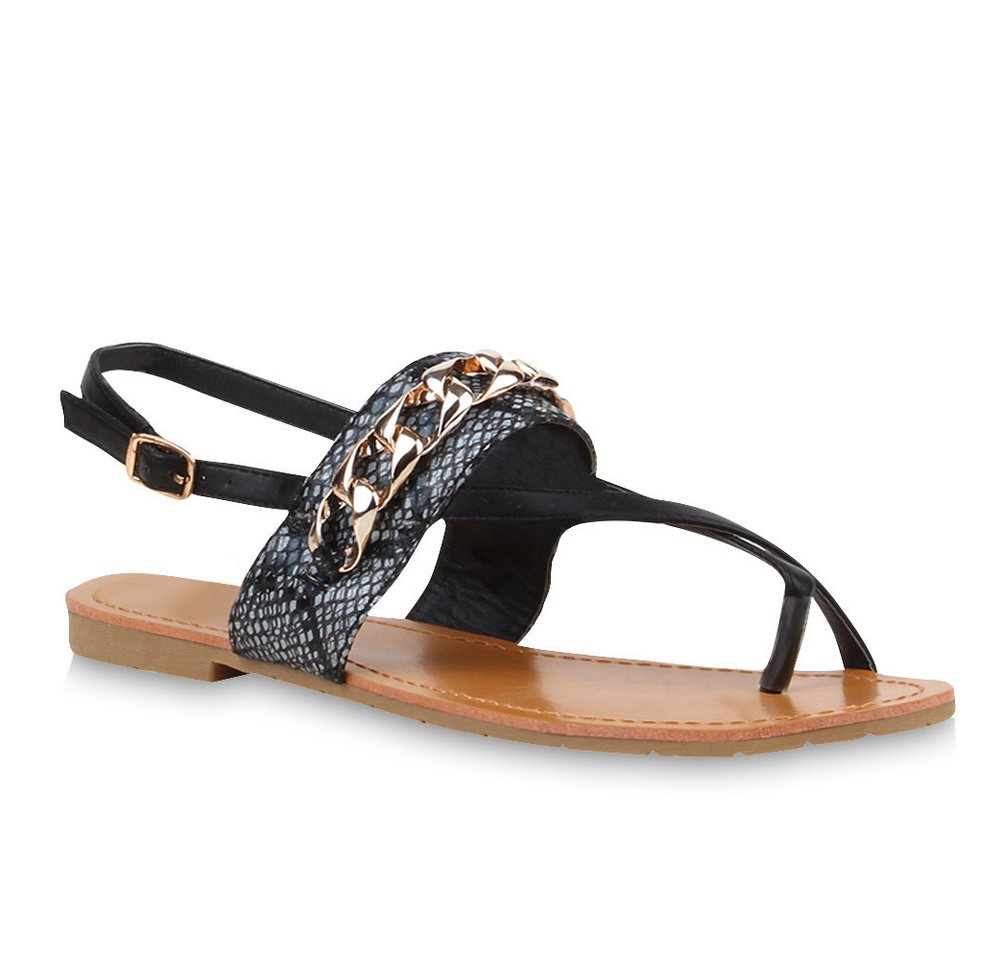 VAN HILL 76544 Zehentrenner Damen Sandalen Zehentrenner Ketten Snake Print Flats