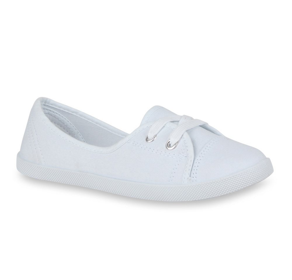 VAN HILL 79659 Sneaker Ballerinas Sportliche Damen Ballerinas Stoff Slipper Sneaker Flats Schnürer 71109 (weiß)