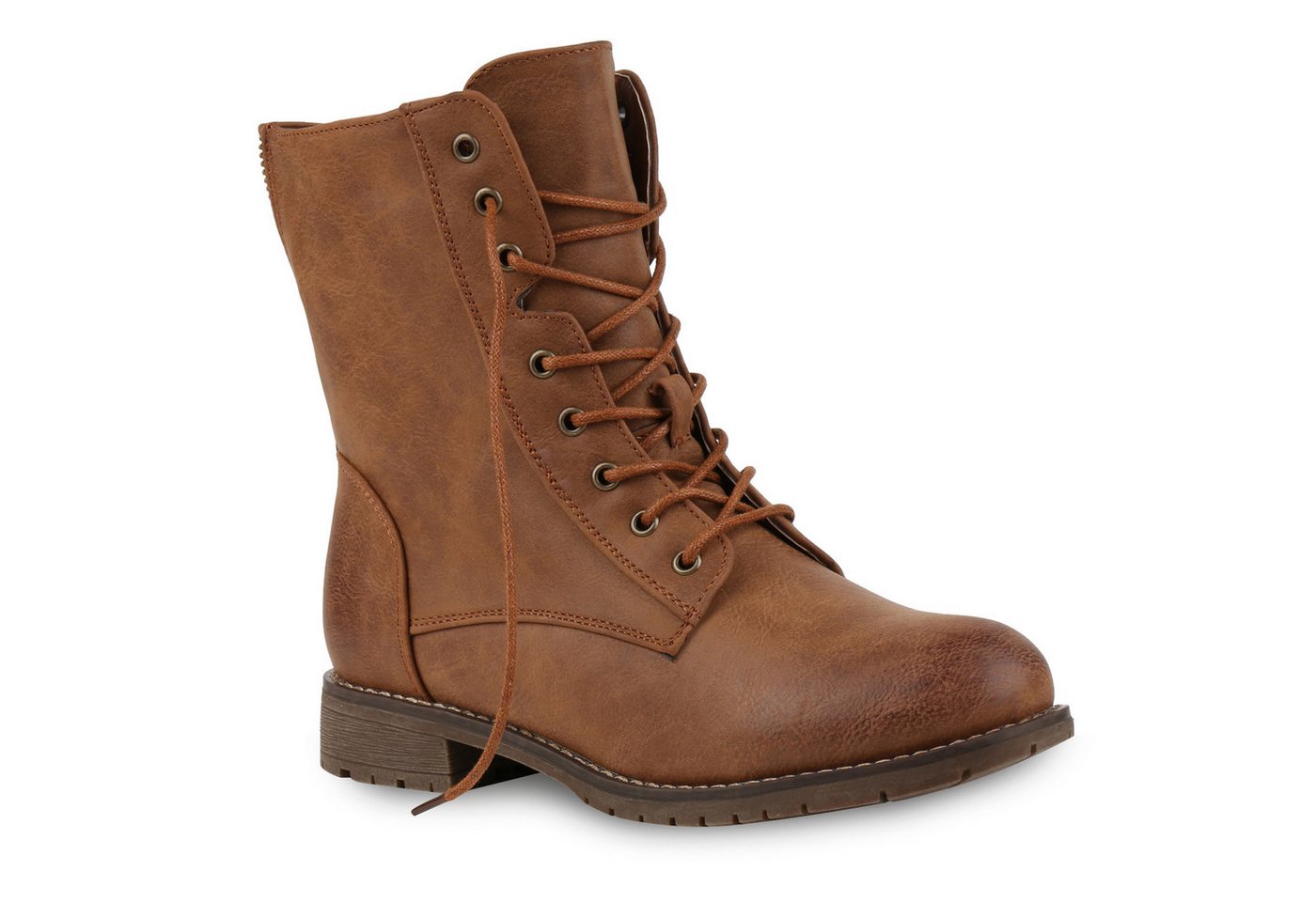 VAN HILL 812022 Schnürstiefelette Damen Schnürstiefeletten Profil Sohle Stiefeletten Leder-Optik (braun)