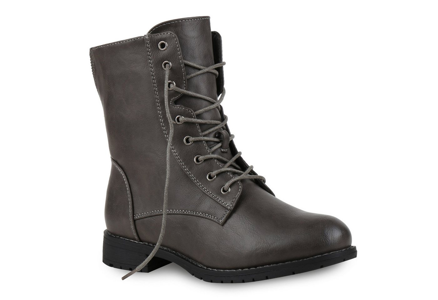 VAN HILL 812022 Schnürstiefelette Damen Schnürstiefeletten Profil Sohle Stiefeletten Leder-Optik (grau)