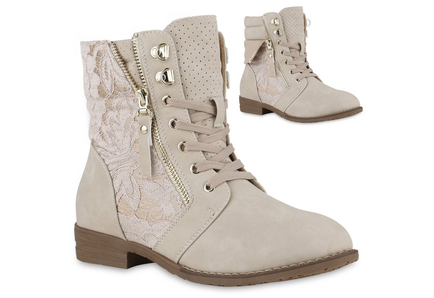 VAN HILL 815442 Schnürstiefelette Damen Schnürstiefeletten Spitze Stiefeletten Zipper Worker Boot (beige)