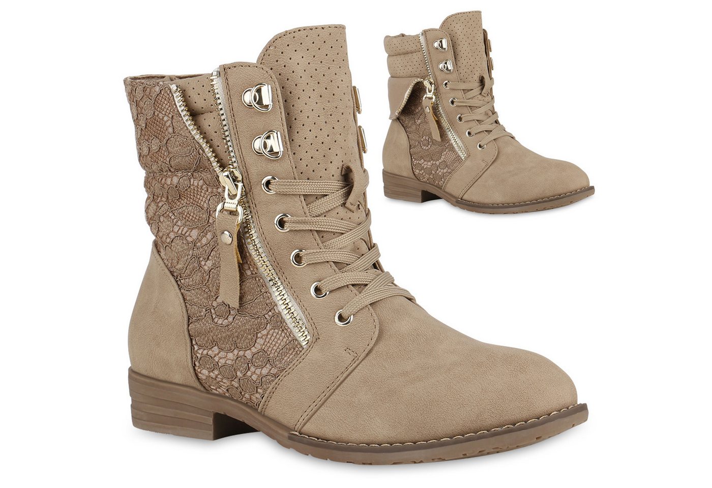 VAN HILL 815442 Schnürstiefelette Damen Schnürstiefeletten Spitze Stiefeletten Zipper Worker Boot (braun)