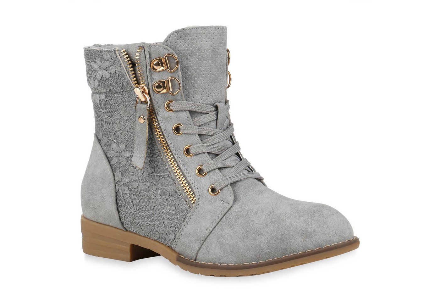 VAN HILL 815442 Schnürstiefelette Damen Schnürstiefeletten Spitze Stiefeletten Zipper Worker Boot