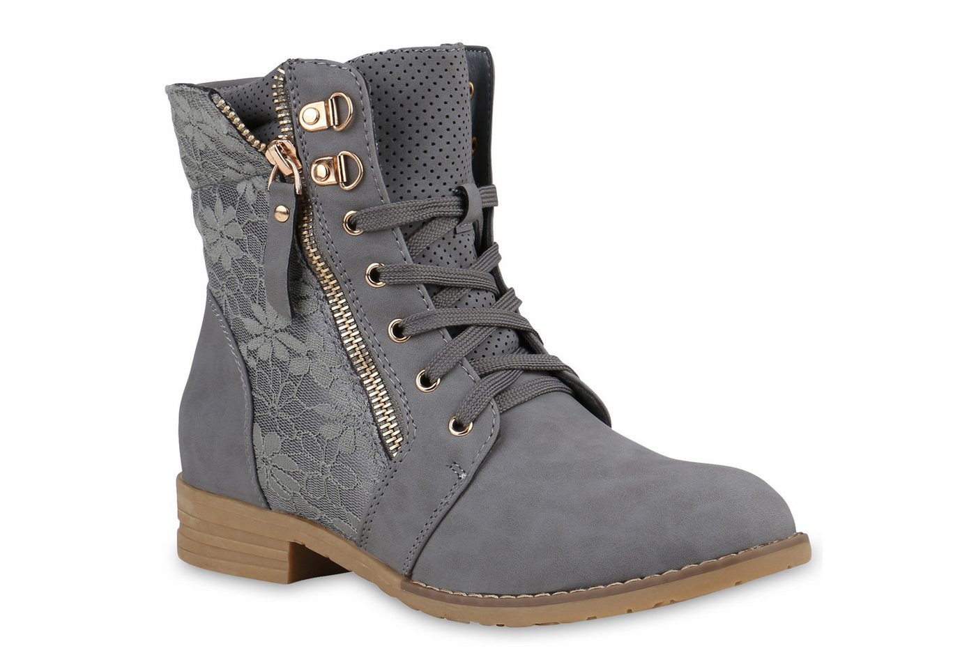VAN HILL 815442 Schnürstiefelette Damen Schnürstiefeletten Spitze Stiefeletten Zipper Worker Boot (grau)