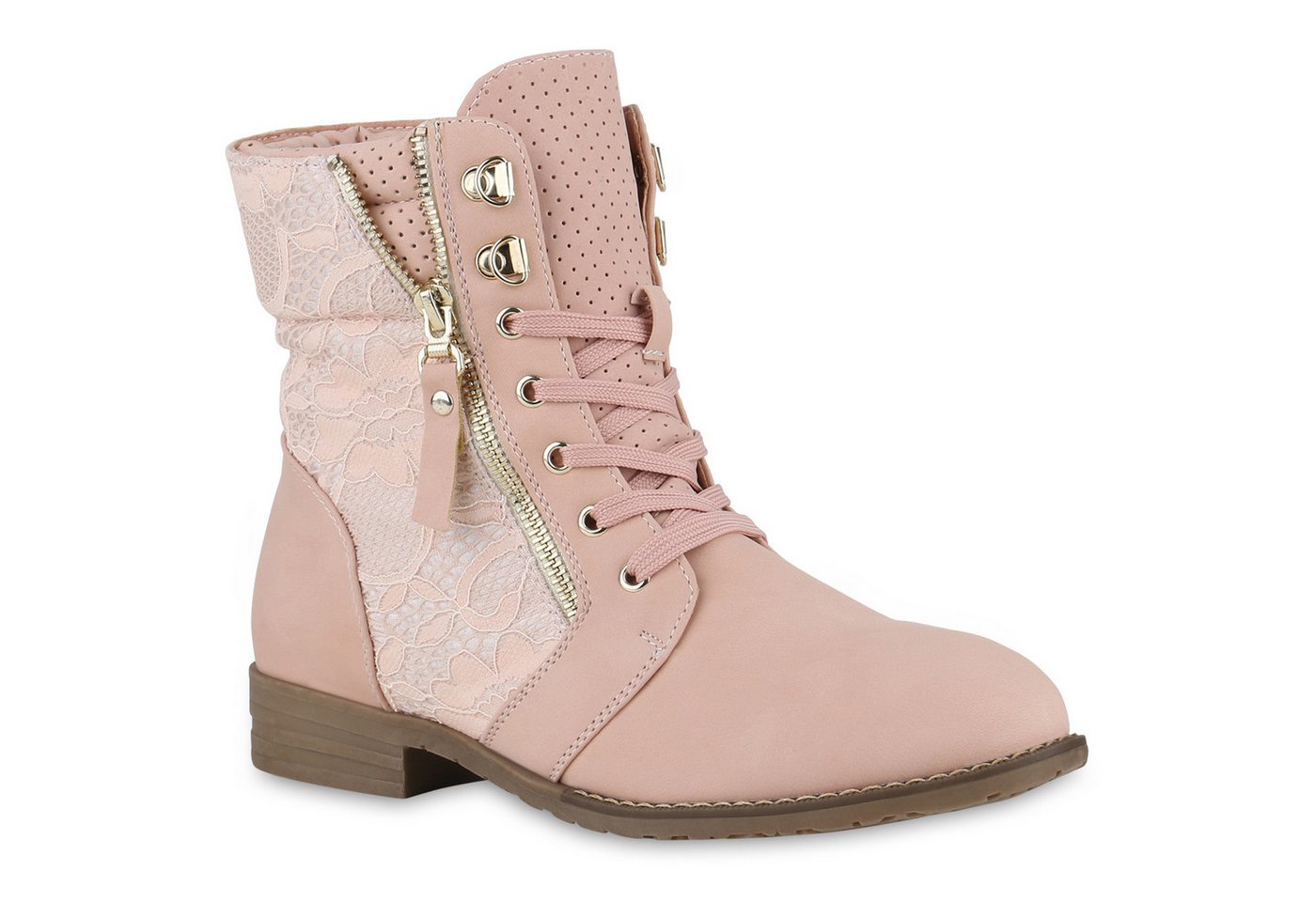 VAN HILL 815442 Schnürstiefelette Damen Schnürstiefeletten Spitze Stiefeletten Zipper Worker Boot