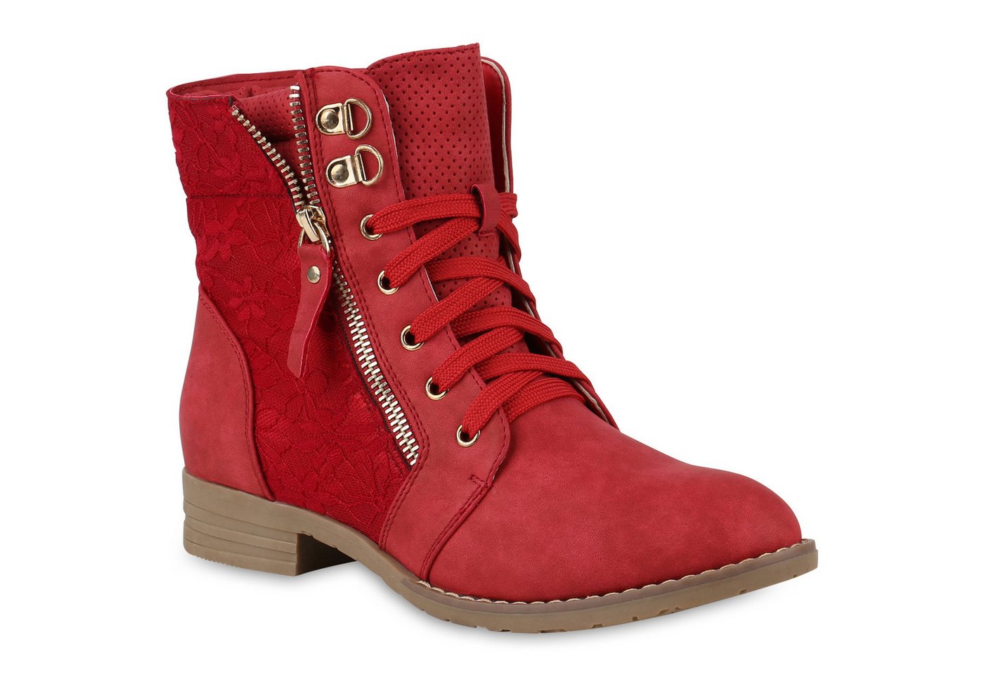 VAN HILL 815442 Schnürstiefelette Damen Schnürstiefeletten Spitze Stiefeletten Zipper Worker Boot (rot)