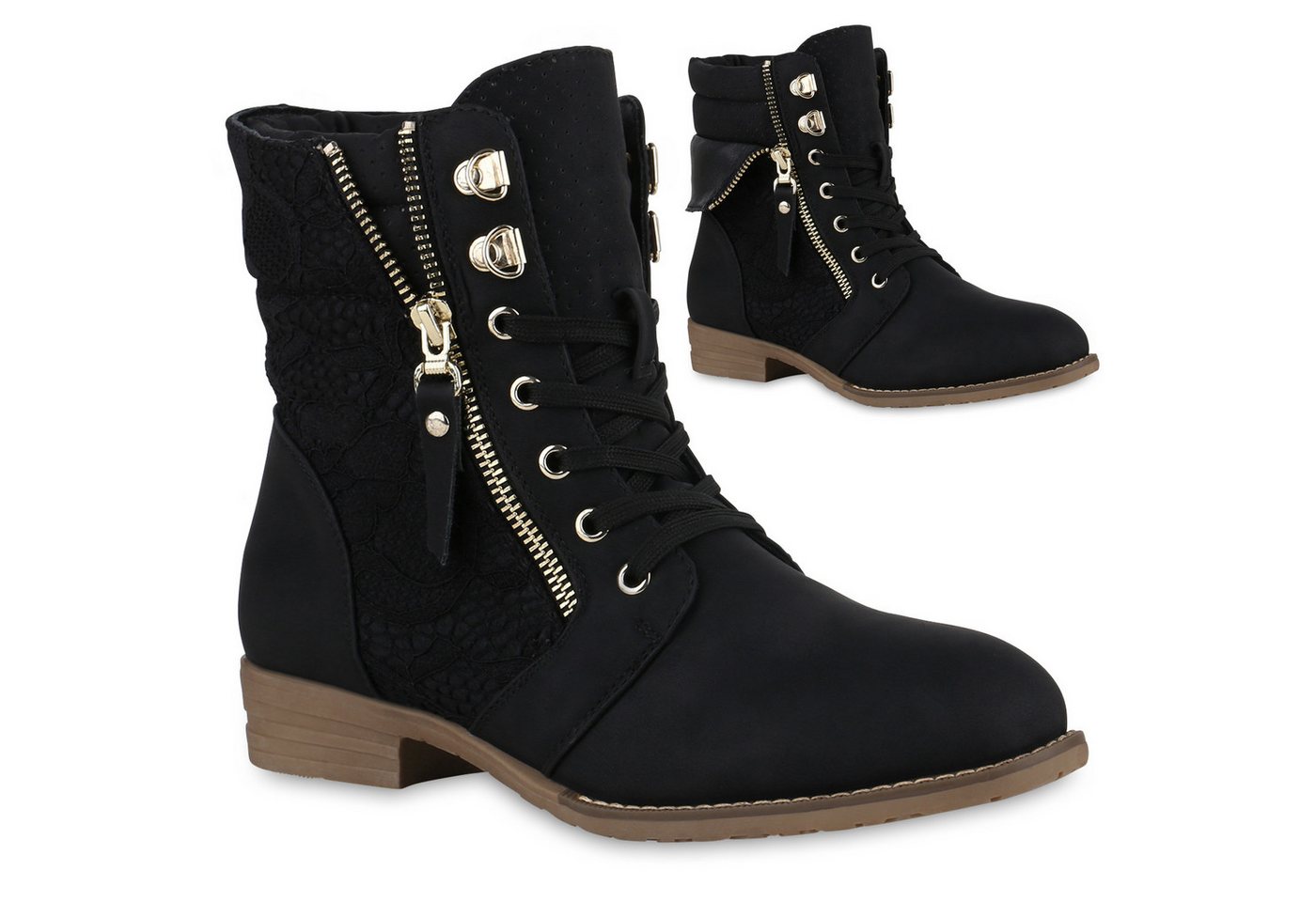 VAN HILL 815442 Schnürstiefelette Damen Schnürstiefeletten Spitze Stiefeletten Zipper Worker Boot (schwarz)