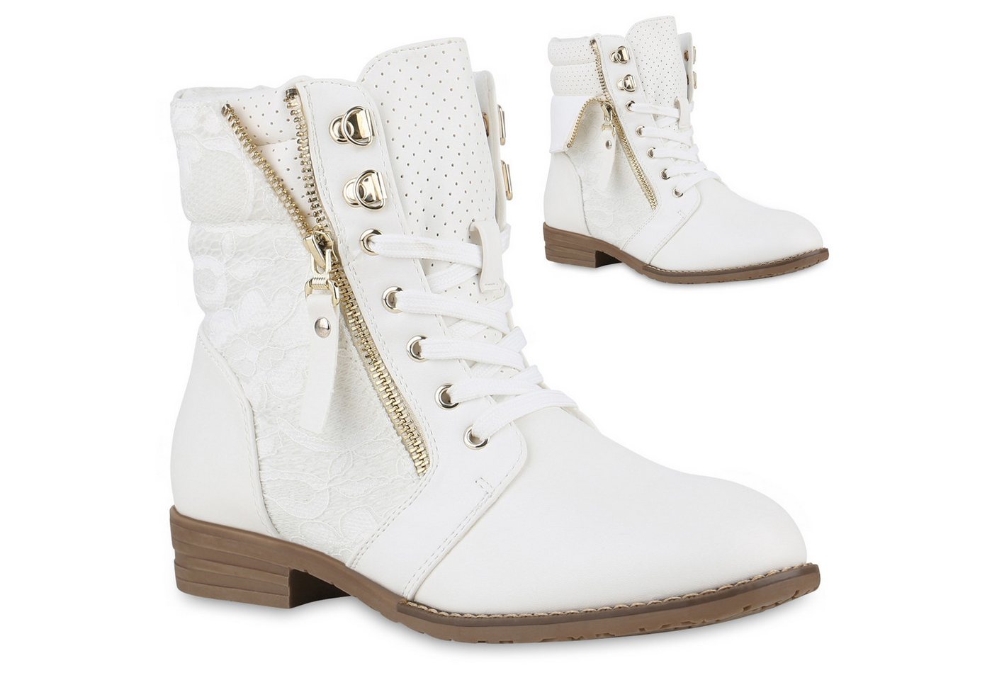 VAN HILL 815442 Schnürstiefelette Damen Schnürstiefeletten Spitze Stiefeletten Zipper Worker Boot (weiß)