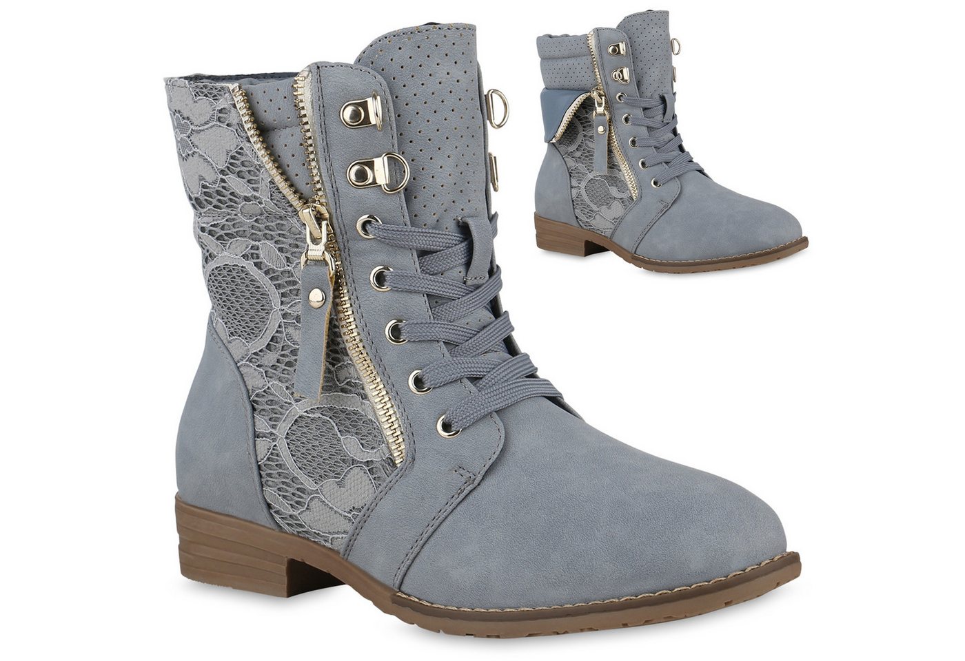 VAN HILL 136541820 Schnürstiefelette Damen Schnürstiefeletten Spitze Stiefeletten Zipper Worker Boot