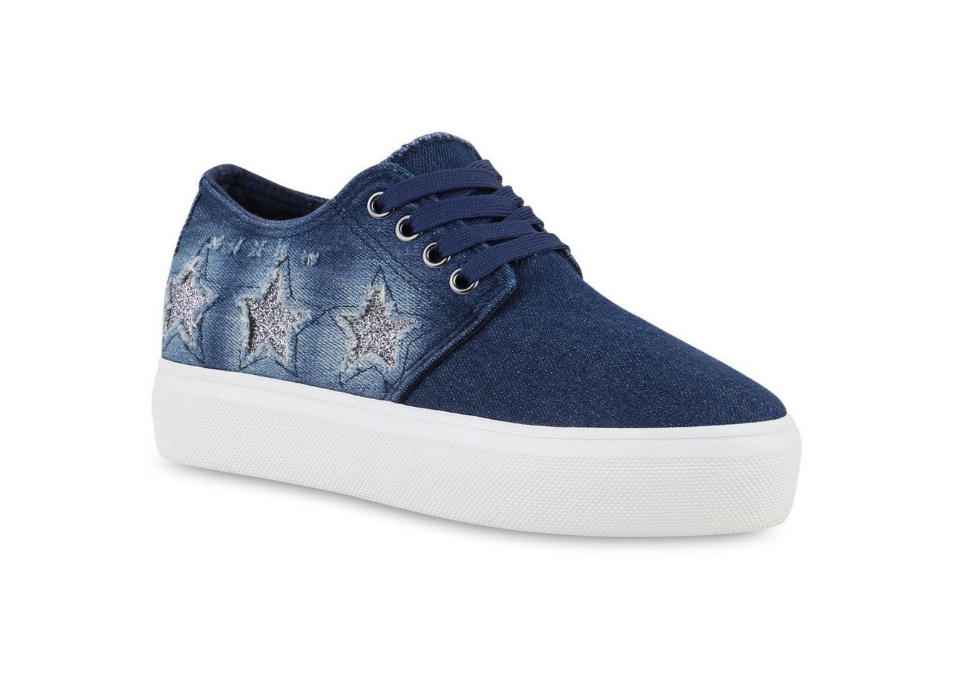 VAN HILL 816205 Plateausneaker Damen Denim Plateau Sneaker Metallic Sterne Glitzer Used Look