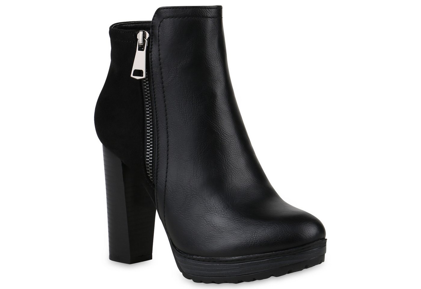 VAN HILL 818507 Plateaustiefelette Damen Stiefeletten Plateau-Boots Zipper Holzoptikabsatz