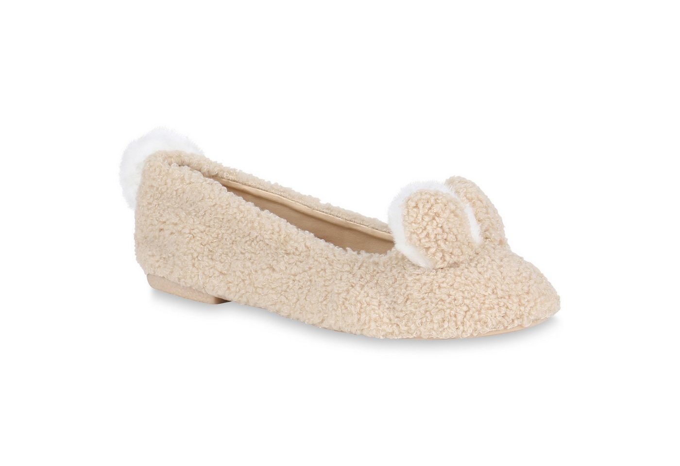 VAN HILL 819088 Ballerina Damen Klassische Ballerinas Kunstpelz Slipper Pom Poms Slip-Ons