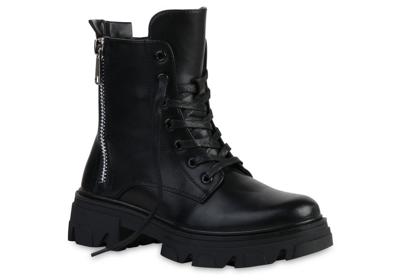 VAN HILL 835653 Plateaustiefelette Damen Stiefeletten Plateau Boots Kroko Zipper Blockabsatz Schnürer