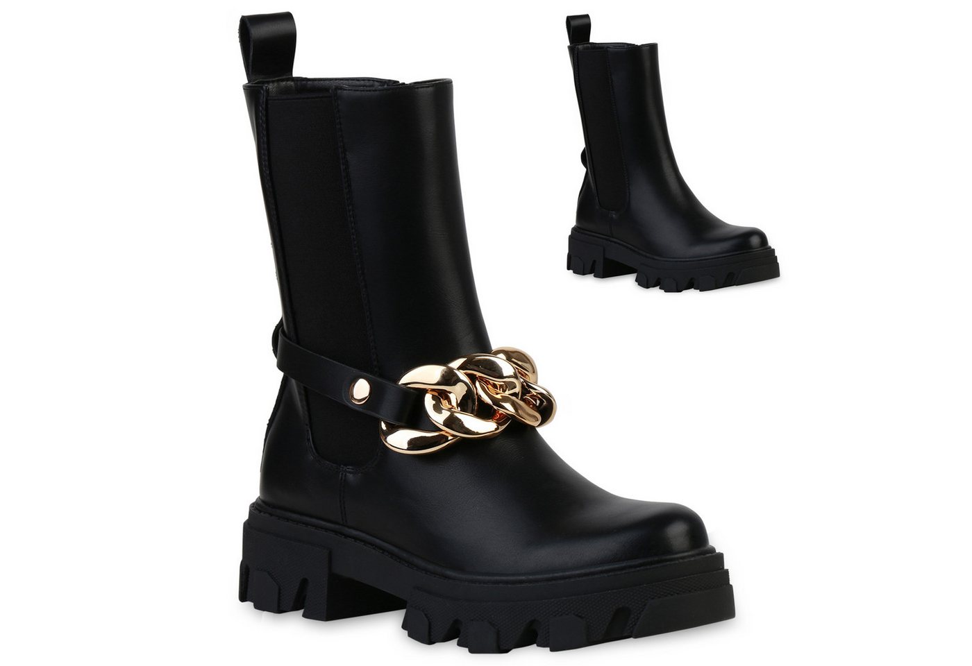 VAN HILL 837633 Plateaustiefelette Damen Plateau Boots Stiefeletten Ketten Stiefel Profil-Sohle