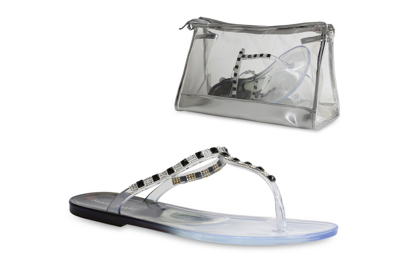 VAN HILL 837648 Zehentrenner Damen Sandalen Zehentrenner + Kulturtasche Flache Strass