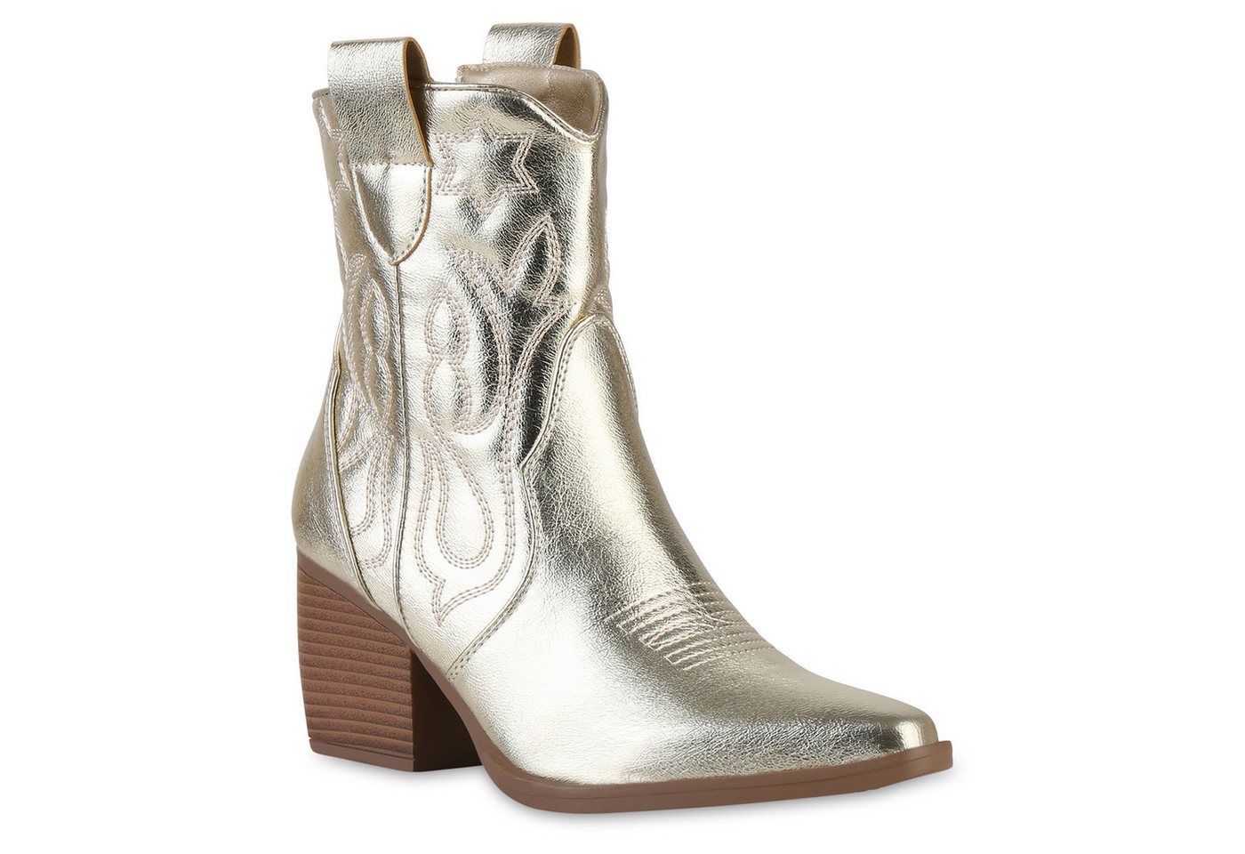 VAN HILL 837779 Cowboy Boots Damen Stiefeletten Cowboy Boots Trichterabsatz Stickereien (gold)