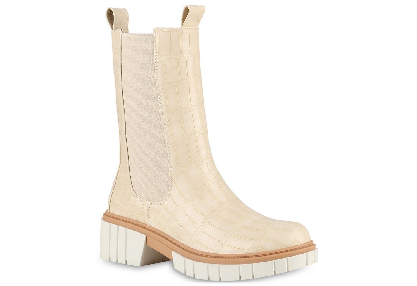 VAN HILL 838051 Plateaustiefel Damen Plateaustiefel Stiefel Blockabsatz Kroko Profil-Sohle