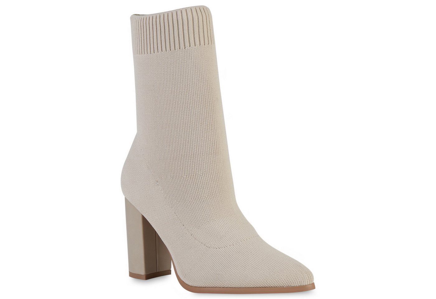 VAN HILL 838159 Schlupfboots Damen Schlupfstiefeletten Stiefeletten Stiefel Blockabsatz Strick (beige)