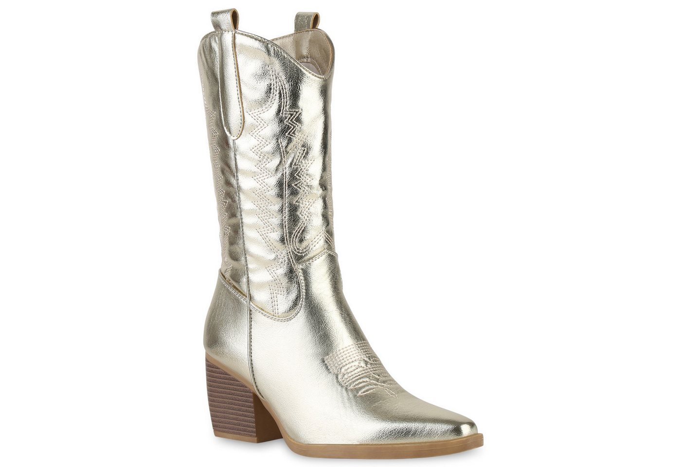 VAN HILL 838384 Cowboystiefel Damen Stiefel Cowboystiefel Holzoptikabsatz Stickereien (gold)