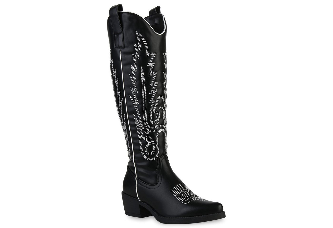 VAN HILL 839569 Cowboystiefel Damen Stiefel Cowboystiefel Stickereien Boots Spitz Western (schwarz)