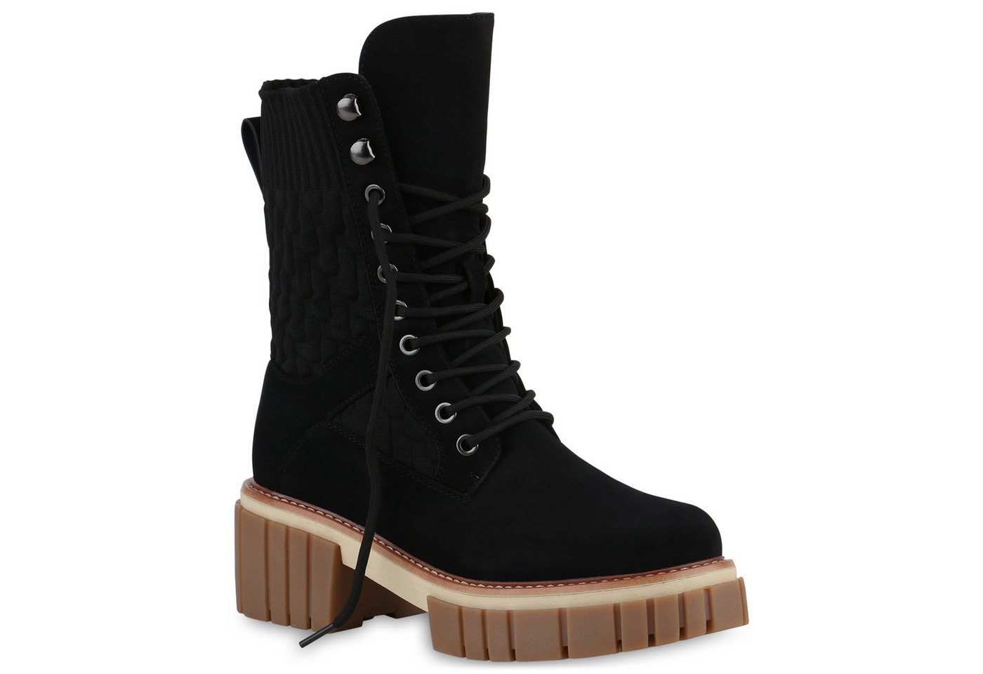 VAN HILL 839707 Plateaustiefelette Damen Leicht Gefütterte Plateau Boots Stiefeletten Strick