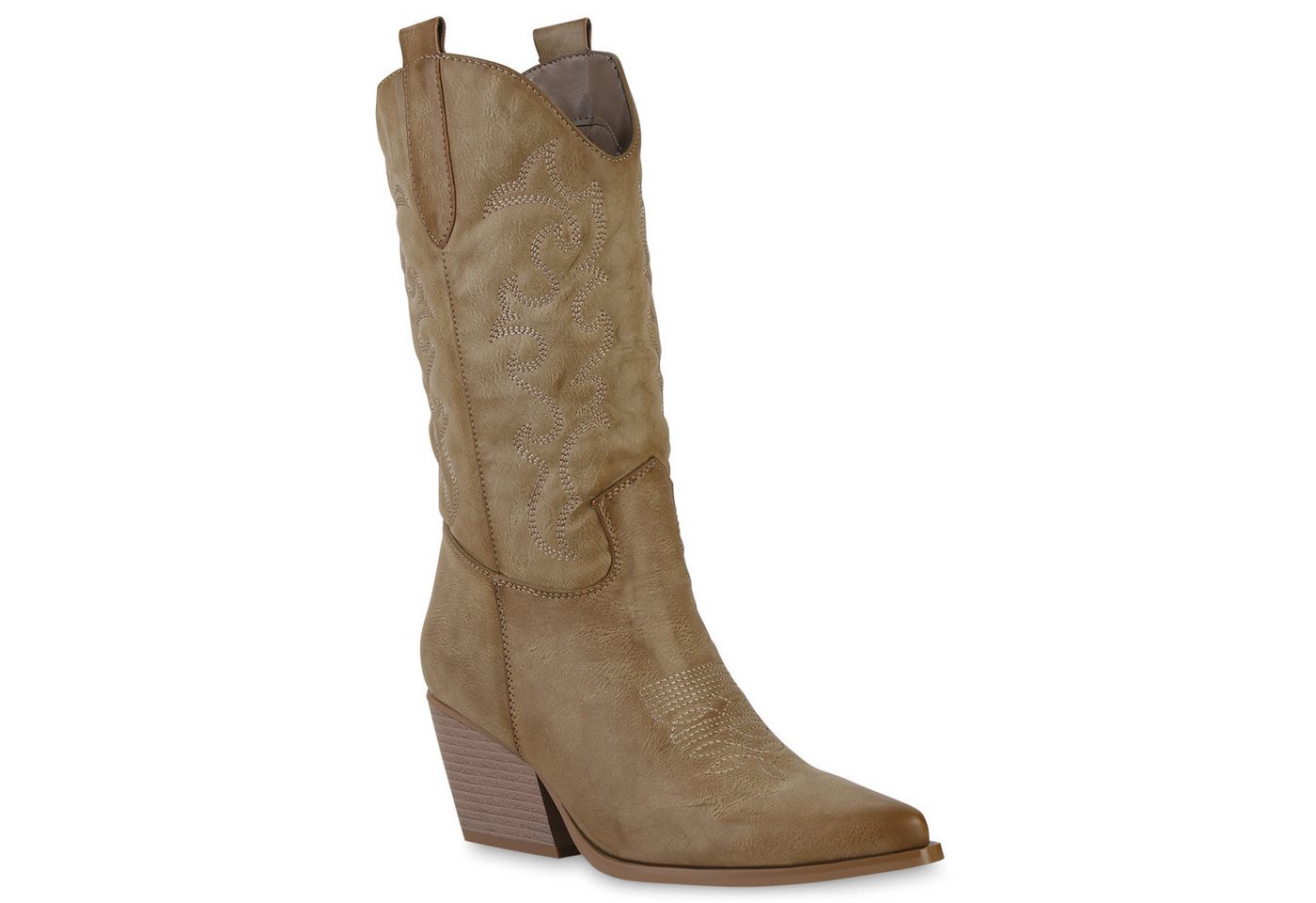 VAN HILL 839969 Cowboystiefel Damen Stiefel Cowboystiefel Stickereien Holzoptikabsatz (braun)