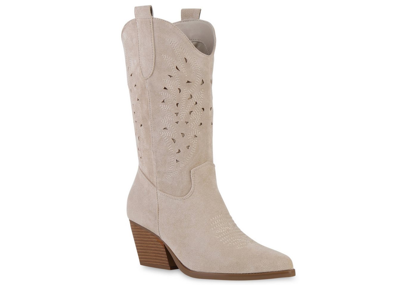 VAN HILL 840054 Cowboystiefel Damen Cowboystiefel Stiefel Stickereien Holzoptikabsatz