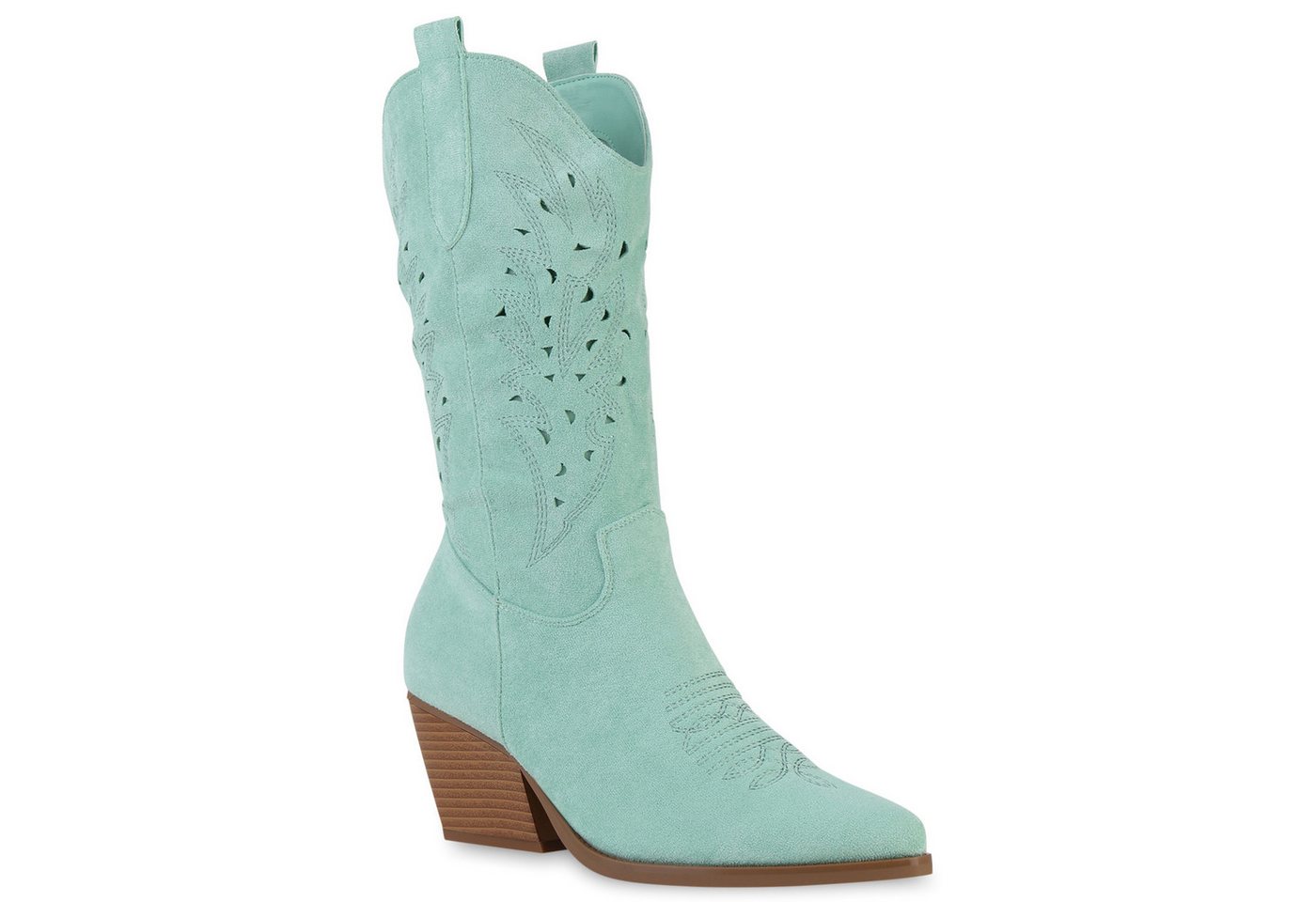 VAN HILL 840054 Cowboystiefel Damen Cowboystiefel Stiefel Stickereien Holzoptikabsatz