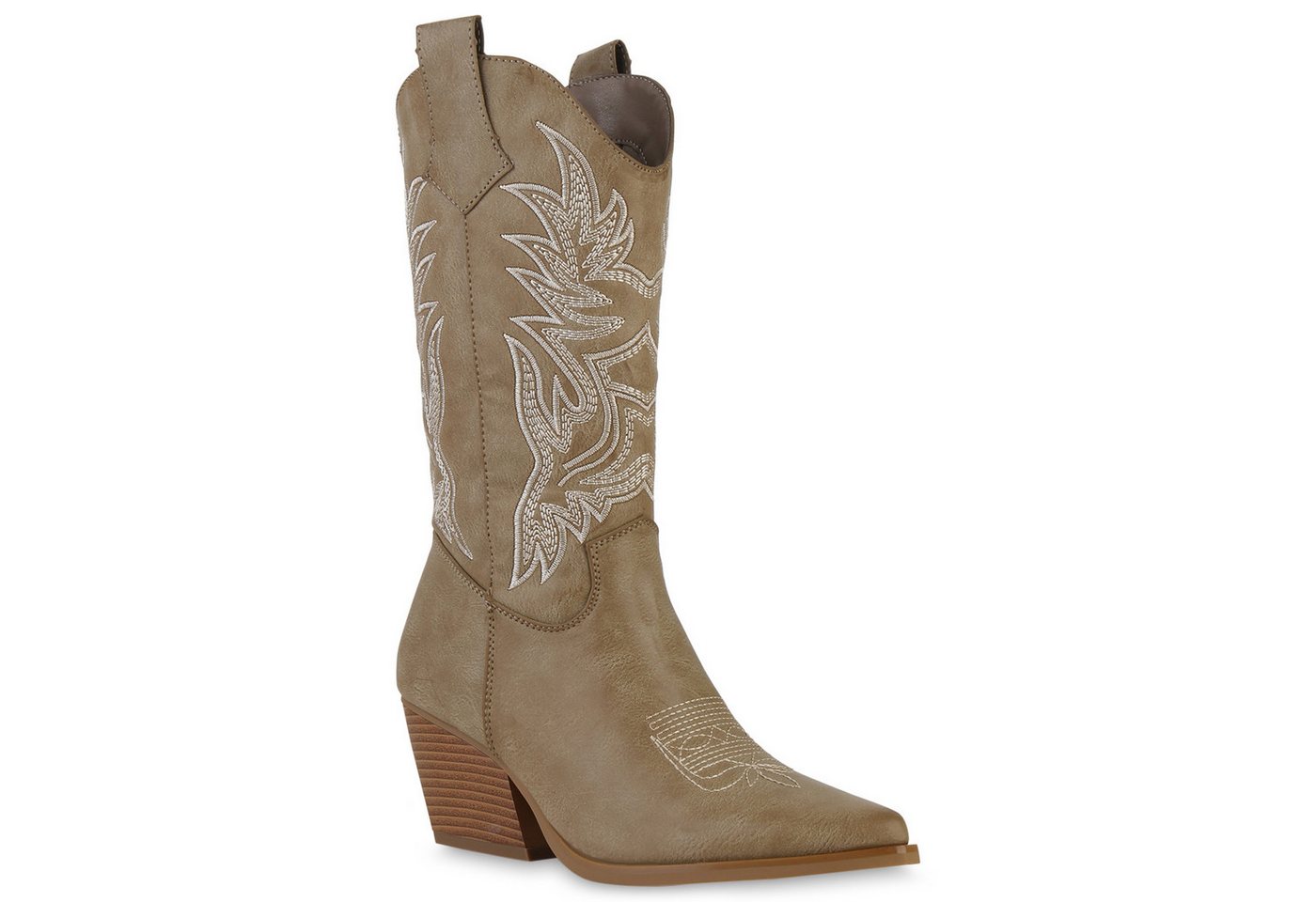 VAN HILL 840142 Cowboystiefel Damen Cowboystiefel Stiefel Stickereien Holzoptikabsatz