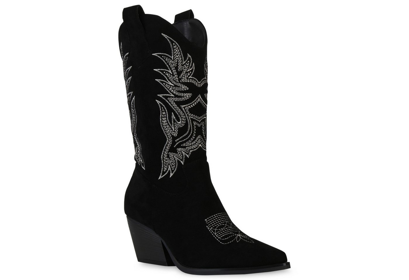 VAN HILL 840142 Cowboystiefel Damen Cowboystiefel Stiefel Stickereien Holzoptikabsatz (schwarz)